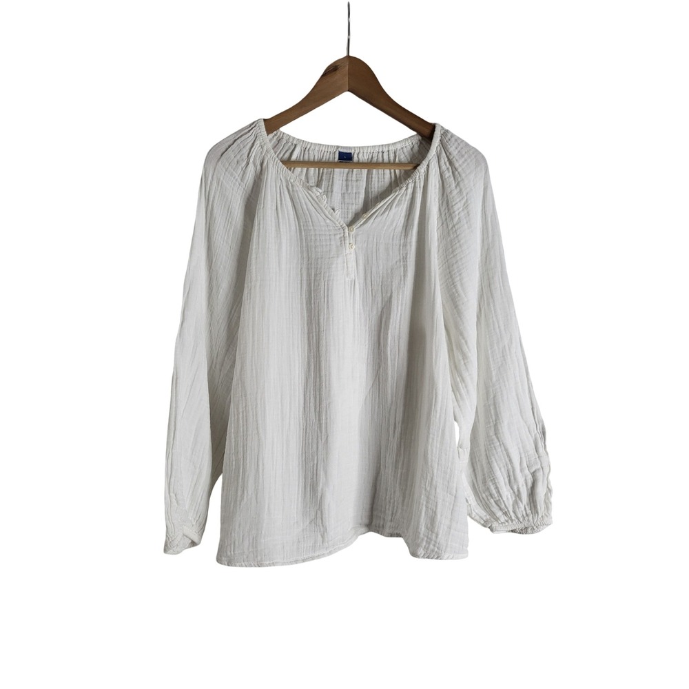 Old Navy White Double Gauze Cotton Peasant Blouse Large L Long Sleeve Textured